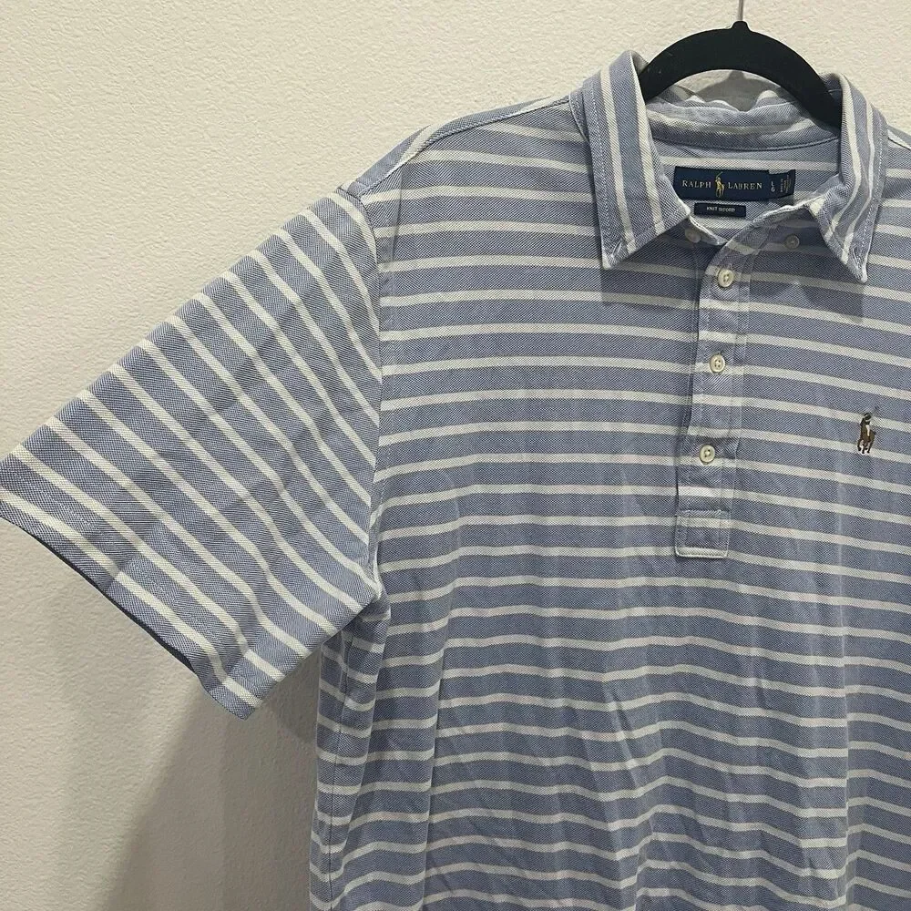 Ralph Lauren Knit Oxford Polo Shirt Mens White Blue Striped Pony Logo Large